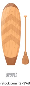 Sup board and paddle. Wooden active sport gear