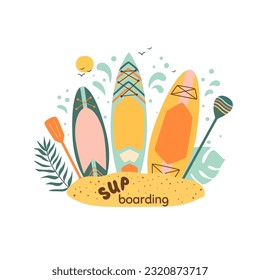 Sup board and paddles on the beach. Sup boarding text. Summer water sport isolated graphic element. Water activity vector illustration, print, hand lettering design. Tropical logo design.