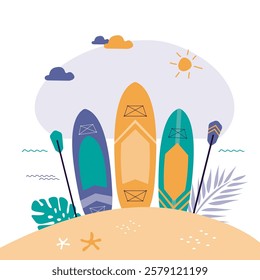 Sup board and paddles on the beach. Sup boarding, summer water sport graphic element. Water activity, banner template for print, web. Tropical paradise, vacation. flat vector illustration