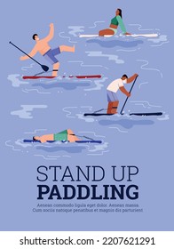 Sup board or stand up paddling banner or poster template with cartoon character of people kayaking in the sea on paddle boards, flat vector illustration.