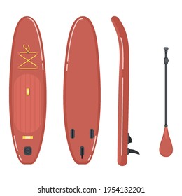 SUP Board - Vector Flat llustrations Set. Different View and Paddle.