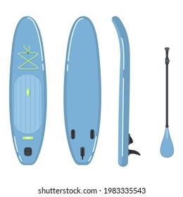 SUP Board - Vector Flat llustrations Set. Different View of Blue Supboard and Paddle.