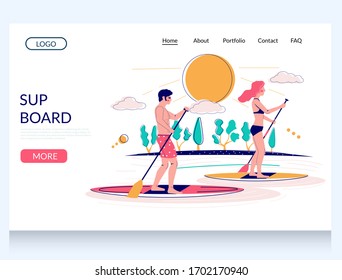 SUP board vector website template, landing page design for website and mobile site development. Young man and woman with paddles standing up on large boards on water. SUP surfing concept.