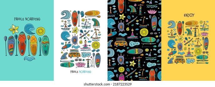 SUP boarding art frame. Stand up paddling. People on paddle boards and equipment. Concept Art, frame and pattern background. Set of banners in one style hand drawn for your design. Vector illustration