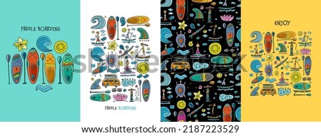 SUP boarding art frame. Stand up paddling. People on paddle boards and equipment. Concept Art, frame and pattern background. Set of banners in one style hand drawn for your design. Vector illustration