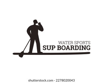 Sup boarding black silhouette - icon template, vector illustration isolated on white background. Man paddling standing on board, water sport concept.