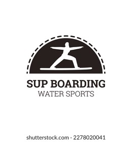 Sup boarding black and white silhouette icon, vector illustration isolated on white background. Woman doing yoga asana on paddle board. Sup boarding school advertisement.