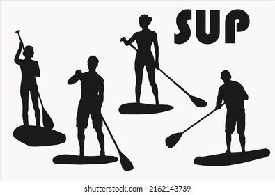 SUP boarding design elements. Set of vector emblems with SUP boards, boarder silhouettes and equipment. Stand up paddling stickers and badges.