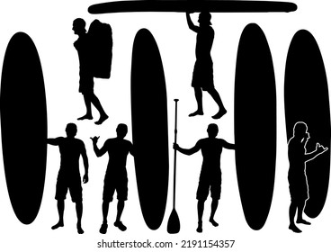 SUP boarding design elements. Set of vector emblems with SUP boards, boarder silhouettes and equipment