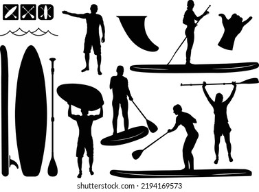 SUP boarding design elements. Set of vector emblems with SUP boards, boarder silhouettes and equipment