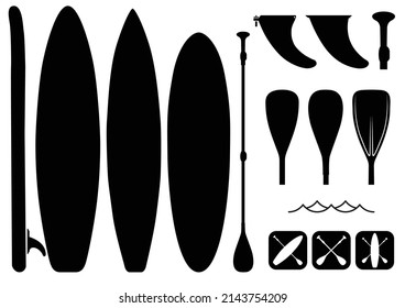 SUP boarding design elements. Stand up paddling stickers and badges. Set of vector equipment silhouettes SUP boards