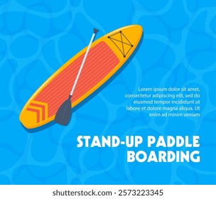 Sup boarding event poster design. Advertising of sports school, teaching to ride SUP board. Stand Up Paddle lessons poster, banner.