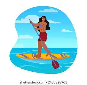 Sup boarding girl. Woman in swimsuit with paddle at surfboard. Active lifestyle and extreme sports. Rest in tropical and exoti countries. Cartoon flat vector illustration isolated on white background