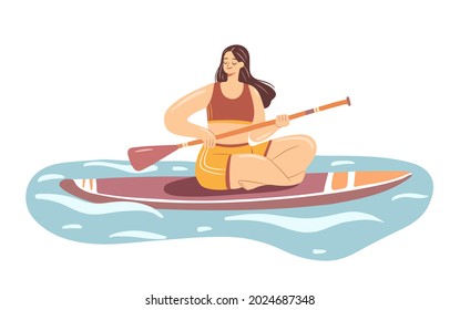 Sup boarding girl. Young woman in a swimsuit on paddle board. Summer water sport activity. Hand drawn flat illustration.