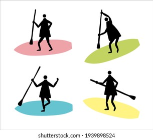 Sup boarding icon set. Vector cartoons of people on the boards. 
