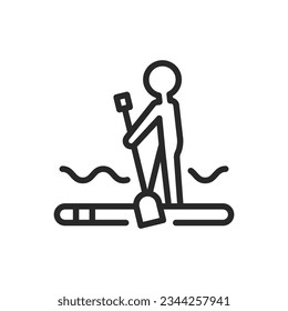 SUP Boarding Icon. Vector Outline Editable Sign of Adventure and Fun on the Water with Stand Up Paddleboarding. Linear Minimal Illustration.