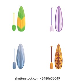 Sup boarding icons set cartoon vector. Various inflatable sup board with paddle. Beach watersport