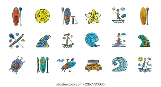 SUP boarding icons set. Stand up paddling elements for your design. People on paddle boards and equipment