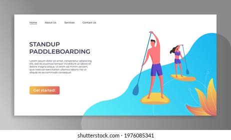 SUP boarding landing page template. Vector stand up paddling design concept. A man and a woman standing on boards in the river