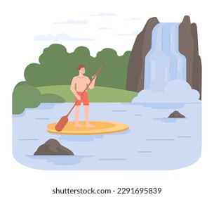 SUP boarding. Man stand up on a paddle board. Water sport or recreation activity. Wild swimming in local reservoirs. Summer holidays in rural area by river or lake. Flat vector illustration