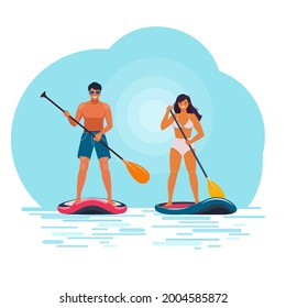 SUP boarding. Man and woman standing on stand up paddle board. Vector illustration in flat style