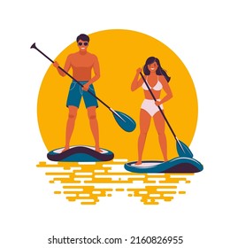 
Hombre y mujer parados en la tabla de remo al atardecer. Ilustración vectorial en estilo plano