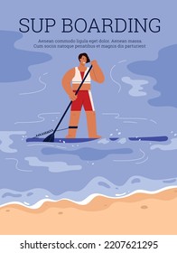 Sup boarding or Paddleboarding banner or poster template with cartoon character of sportsman paddling on paddle board, flat cartoon vector illustration.