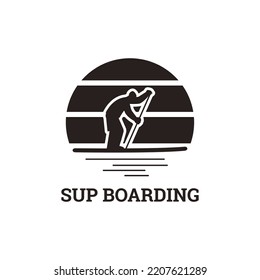 Sup boarding or Paddleboarding logo or emblem design with black silhouette of paddling man, flat vector illustration isolated on white background. Paddleboarding logo.