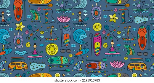 SUP boarding seamless pattern. Stand up paddling background for your design. People on paddle boards and equipment