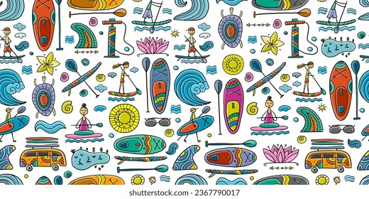 SUP boarding seamless pattern. Stand up paddling background for your design. People on paddle boards and equipment