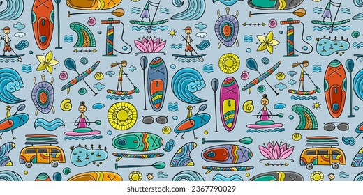 SUP boarding seamless pattern. Stand up paddling background for your design. People on paddle boards and equipment