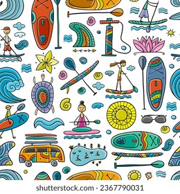 SUP boarding seamless pattern. Stand up paddling background for your design. People on paddle boards and equipment