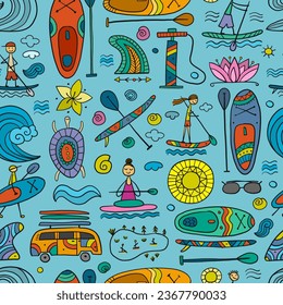 SUP boarding seamless pattern. Stand up paddling background for your design. People on paddle boards and equipment