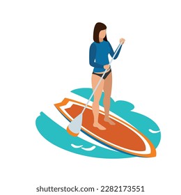 Sup boarding summer water sport isometric icon with female human character 3d vector illustration