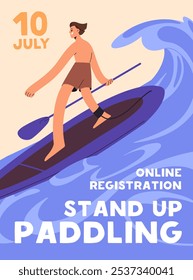 Sup boarding, diseño de póster de eventos de surf. Publicidad de la escuela de deportes, enseñanza para montar en tabla de surf. Plantilla de flotar en el supboard con la paleta en las olas. Ilustración vectorial plana