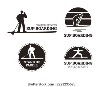 Sup boarding water sport emblems set, black graphic vector illustration isolated on white background. Stand up paddling on sup board emblems or badges collection.