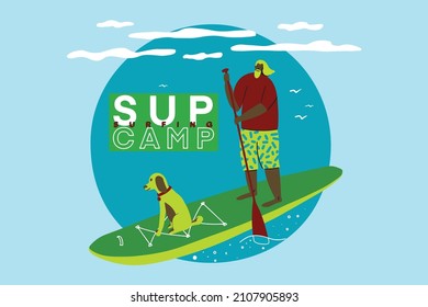 SUP camp flyer featuring a man and a dog standing on a paddleboard against a blue sky with clouds and seagulls