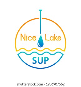 SUP icon or logo. Stand up paddle boarding concept with paddle, water drop. Circle design, template with sun and wave symbol, yellow and blue colors. Vector illustration isolated on white background.
