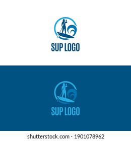 Logotipo e icono de Sup. Ilustración vectorial. Un logo con una mujer en una tabla de remo practicando el paddleboard.