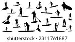SUP silhouette. Stand Up Paddleboarding silhouette. SUP silhouette SVG vector on white background.