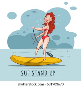 SUP stand up illustration with a cute girl with red hair, in a red bikini with an oar in hands and on a surfboard in the sea or the ocean. Vector cartoon.