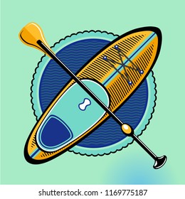 SUP. Standup paddle boarding vector sign. Vintage icon on isolated background. Surf board and paddle.