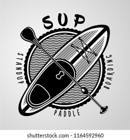 SUP. Standup padle boarding vector sign. Vintage icon on isolated backround. Surf board and paddle.