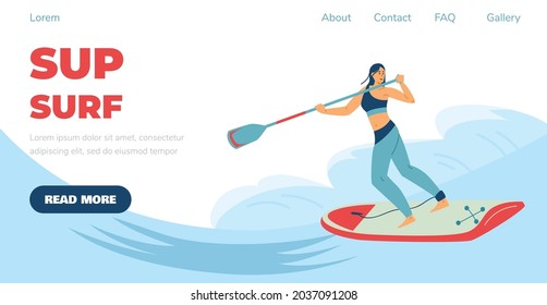 SUP surf or stand up paddling website template with character of woman surfing on wave, flat vector illustration. Stand up paddle surfing advertising webpage design.