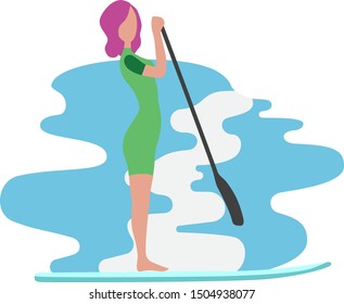 Sup surf vector illustration, woman on sup board with paddle on water. Board sport with paddle on water. Free time hobby.