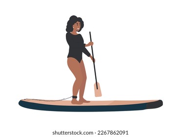 Sup surfer Black Woman on paddle board. Woman with paddle, cartoon flat vector illustration isolated from background. Sup paddling black woman character. Paddle boarding concept