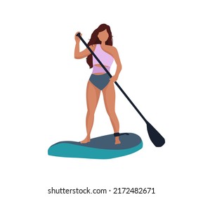 Sup surfer girl on paddle board. Woman with paddle, cartoon flat vector illustration isolated from background. Sup paddling woman character. Paddle boarding concept