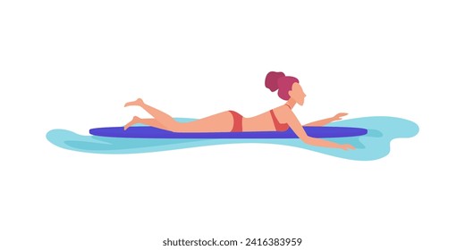 Sup surfer lying on board on sea waves, woman in swimsuit resting vector illustration