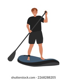 Sup surfer on paddle board. Man with paddle, cartoon flat vector illustration isolated from background. Sup paddling male character. Paddle boarding concept