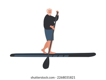 Sup Surfer Senior en la tabla de remo. Viejo con remo, dibujo de vector plano de dibujos animados aislado de fondo. Caracter masculino que se abalanzaba. Concepto de abordaje de ruedas